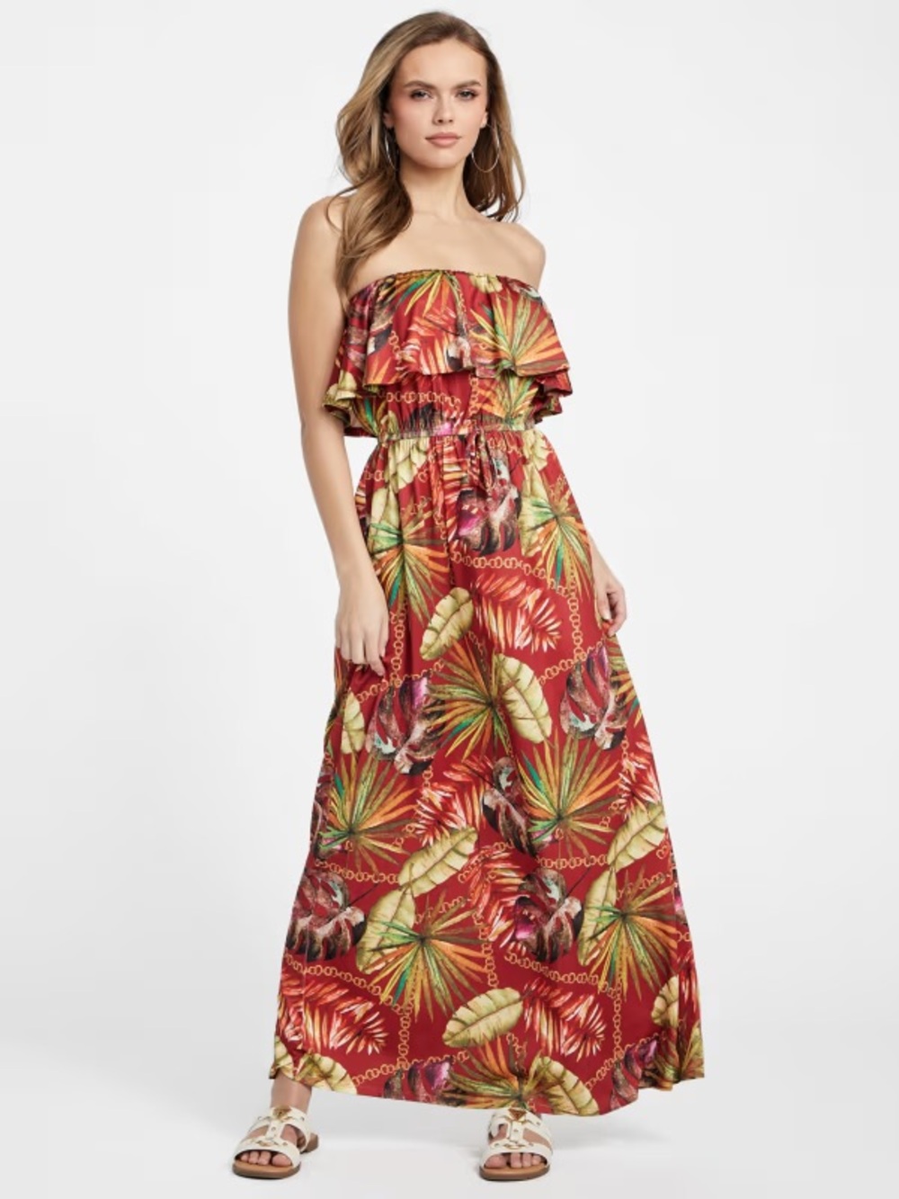 🌺✨ GUESS Hillary Y2K Tropical Print Strapless Ruffle Maxi Dress – Size Small ✨🌺